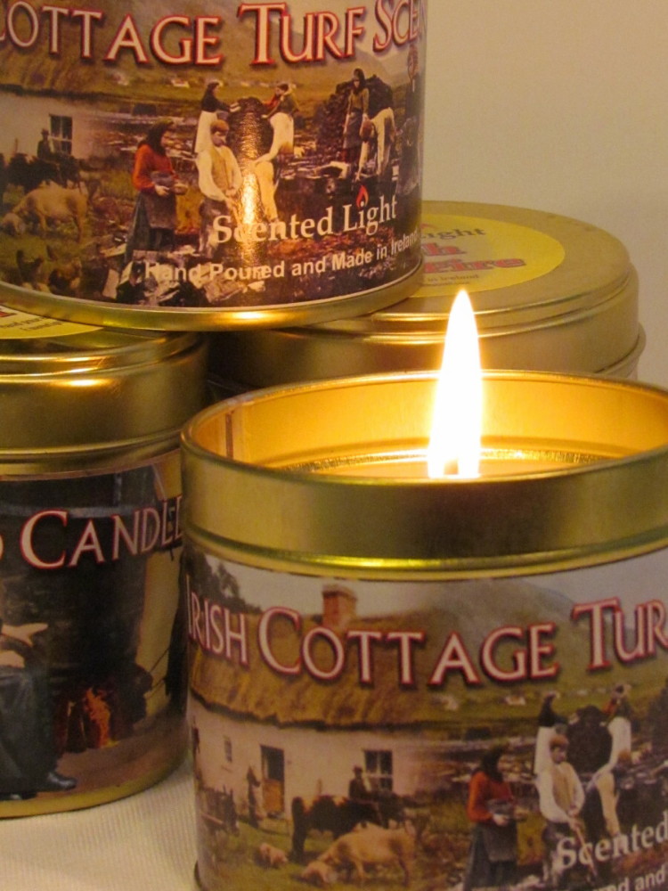 Irish Turf Fire Hand Poured Candle In A Tin - Click Image to Close
