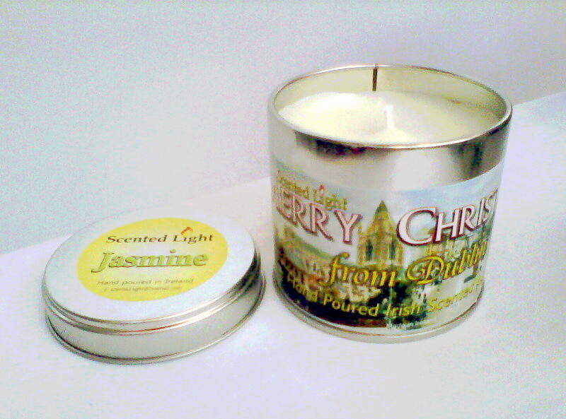 Merry Christmas From Dublin Hand Poured Jasmine Candle In A Tin - Click Image to Close